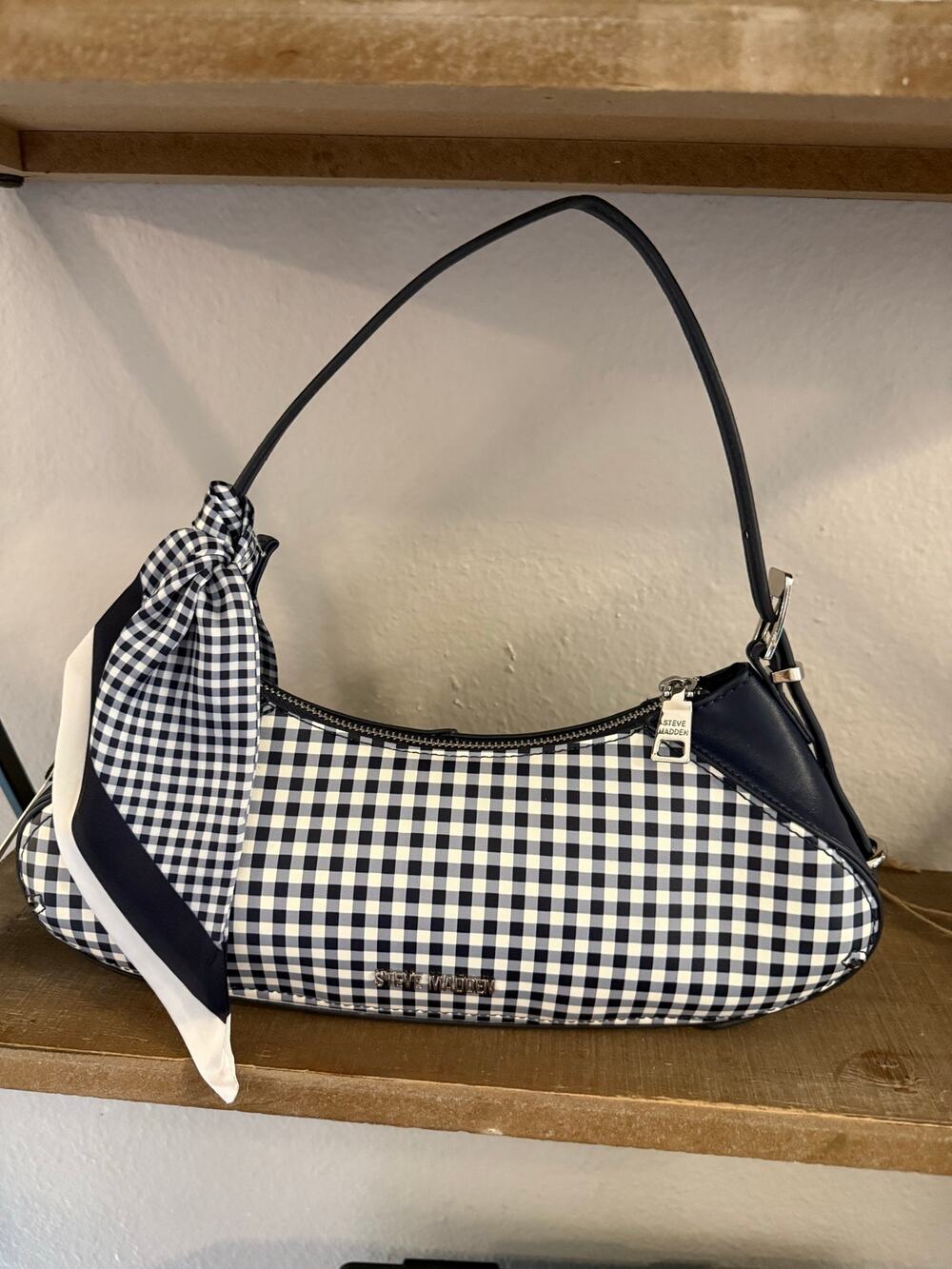 Steve Madden DT627910 Navy Gingham Check Shoulder Bag Scarf NWT MSRP $88